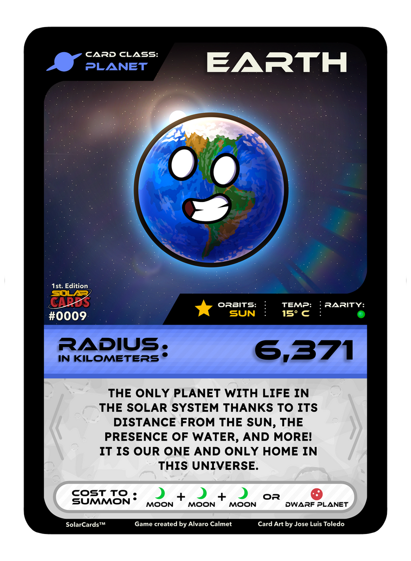 SolarCards TCG card anatomy showing Earth card with labeled parts